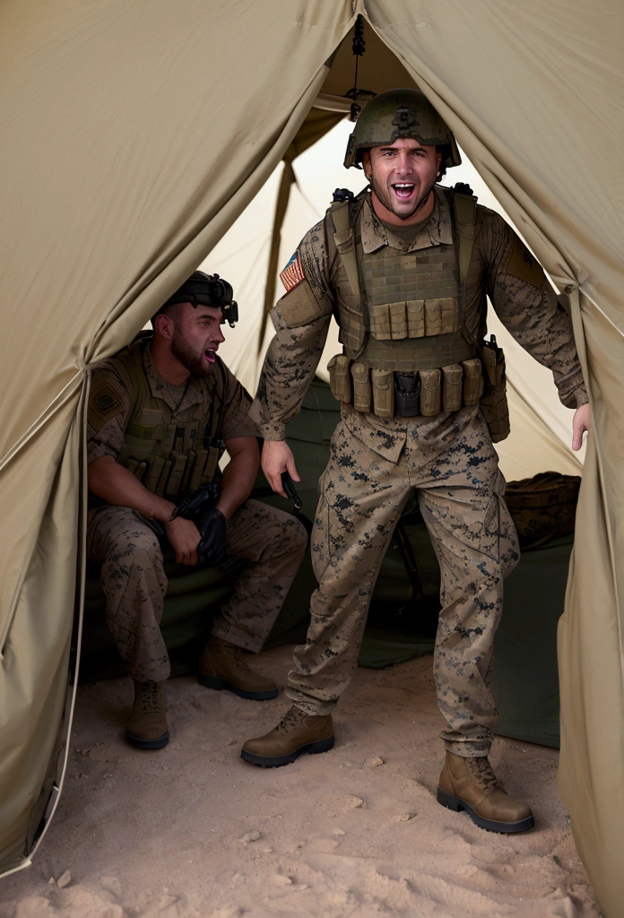 group of US marines, male, marine outfit, camo, helmet, sneaky, green and brown, american army, desert storm, military, masculine, desert tent, camo tent, nude, sweaty pecs, large pecs, hairy body, erotic, pose, cinematic, bokeh, dof, depth of field, drunk evening, night, laughing, fun, barracks, alcohol, dark, night, dim lighting, inside tent, inside barracks, shouting, loud, party,
