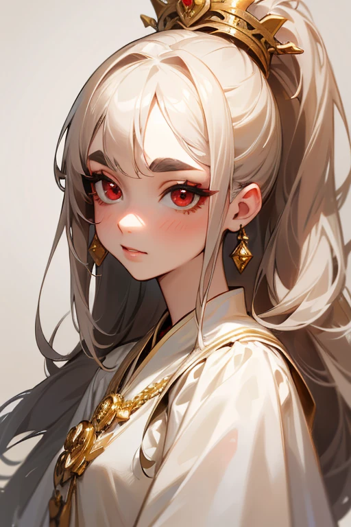 (Highest quality, masterpiece:1.2), High resolution, Very detailed, Realistic:1.37, Fantasy, An illustration, Hair is whiteいです、Red eyes、Queen, White Dress.Platinum decoration、beautifully、Eyeshadow Red、Thick eyebrows、Long eyelashes、pupils are black、Hair is whiteい、Kissing Face、(Embarrassing).loved、ponytail、(Hair is white).((Gold decoration)).