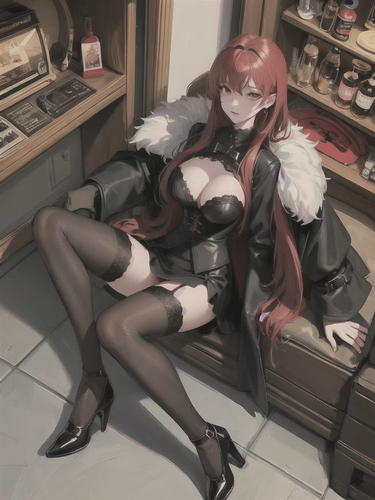 Gothic girl with light red hair, proud breasts, leg rings, black stockings, high heels, full body exposure, hand details, tightly wrapped clothes, black lace skirt, black lace gloves, tightly wrapped without revealing breasts