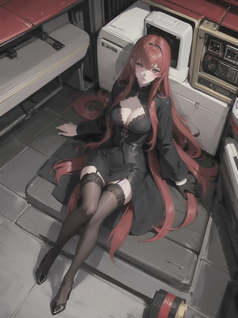 Gothic girl with light red hair, proud breasts, leg rings, black stockings, high heels, full body exposure, hand details, tightly wrapped clothes, black lace skirt, black lace gloves, tightly wrapped without revealing breasts