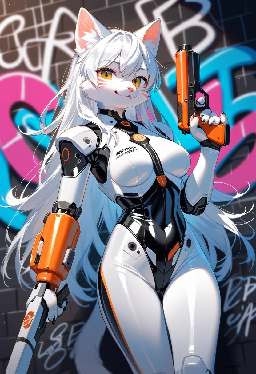 animation, Highest quality, Highest quality, High quality illustrations, masterpiece, Ultra-high resolution, Detailed Background, cyber cafe, Graffiti art on the wall, Absurd, Perfect Anatomy, performance, Good lighting, Shadows in the movies(kemono, Furry PersonifiCation), Cat, woman, Blueskin, White Rubber Suit, latex, neon, neonライト, neonカラー, Bodysuits, Cyber Suit, Mech Suit, Rubber Half Jacket, cyber punk, Blade Runner, He has a gun in his right hand, Holding a blade in his left hand