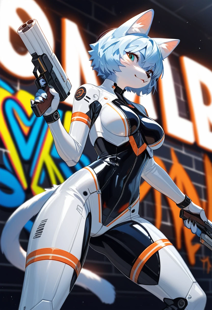 animation, Highest quality, Highest quality, High quality illustrations, masterpiece, Ultra-high resolution, Detailed Background, cyber cafe, Graffiti art on the wall, Absurd, Perfect Anatomy, performance, Good lighting, Shadows in the movies(kemono, Furry PersonifiCation), Cat, woman, Blueskin, White Rubber Suit, latex, neon, neonライト, neonカラー, Bodysuits, Cyber Suit, Mech Suit, Rubber Half Jacket, cyber punk, Blade Runner, He has a gun in his right hand, Holding a blade in his left hand