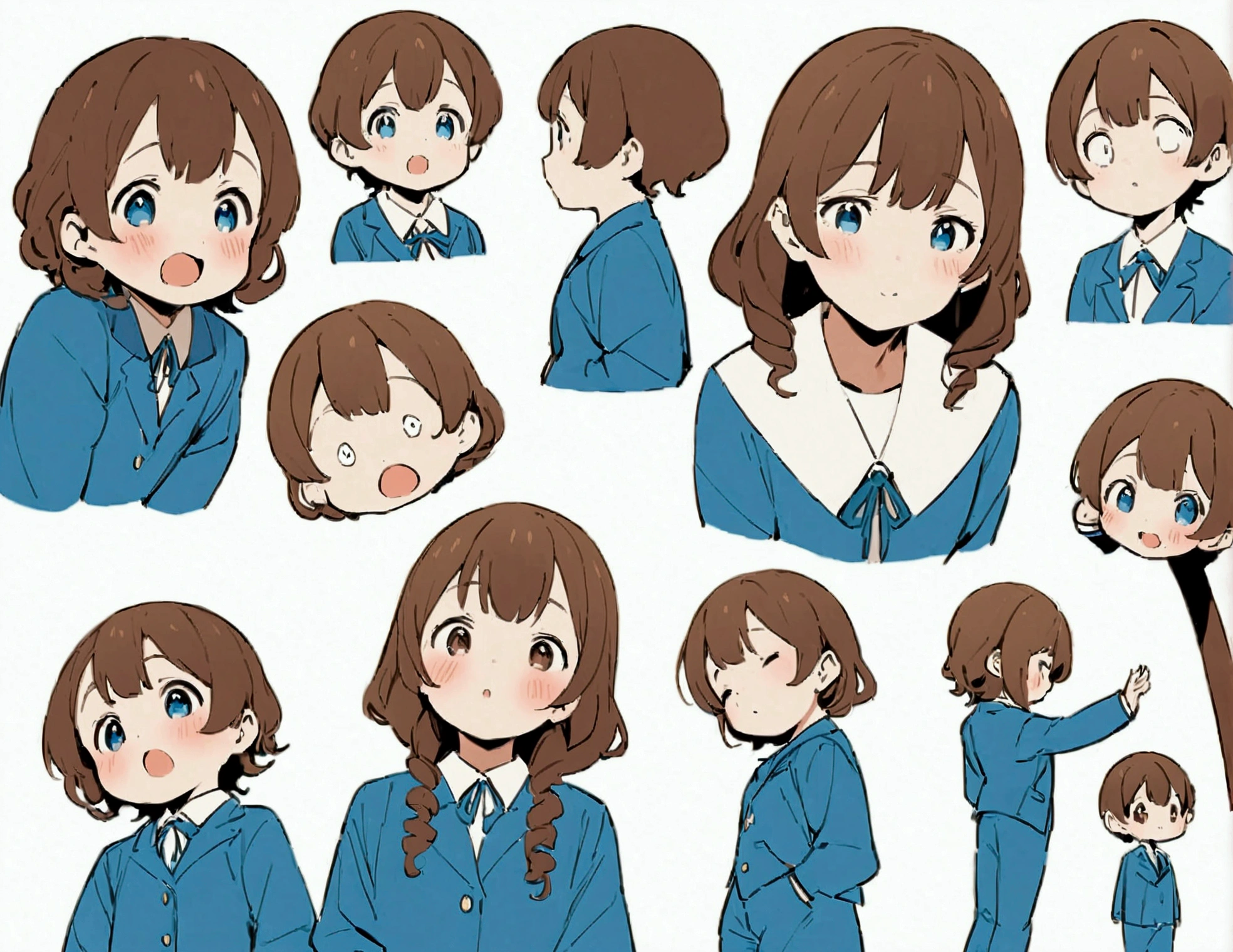アニメ, celluoid,flat colors,clear lines.Azuki beans,whole body,明确展示front、side、back三视图,All views on one image。front,9 years old,Elementary school student image,Little girl with long, slightly curly brown hair,Wearing a blue bow,big eyes,Blush on the cheeks,Wearing a white and blue sports jacket and blue sweatpants,The corners of the mouth slightly raised,Arms hanging naturally。side,The body stands upright,Tilt your head slightly forward,Arms hanging naturally,The curl shape of the hair is clearly visible。back,Arms hanging naturally,The details of the hair length and blue bow are clearly visible,运动外套和裤子的back细节清晰展示。Make sure each view is clear and,White background。masterpiece, best quality
