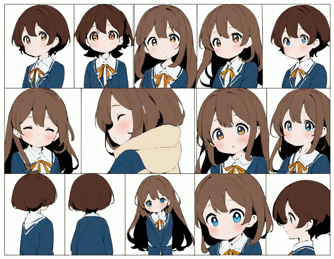 アニメ, celluoid,flat colors,clear lines.Azuki beans，whole body，明确展示front、side、back三视图，All views on one image。front，9 years old，Elementary school student image，Little girl with long, slightly curly brown hair，Wearing a blue bow，big eyes，Blush on the cheeks，Wearing a white and blue sports jacket and blue sweatpants，The corners of the mouth slightly raised，Arms hanging naturally。side，The body stands upright，Tilt your head slightly forward，Arms hanging naturally，The curl shape of the hair is clearly visible。back，Arms hanging naturally，The details of the hair length and blue bow are clearly visible，运动外套和裤子的back细节清晰展示。Make sure each view is clear and，White background。masterpiece, best quality