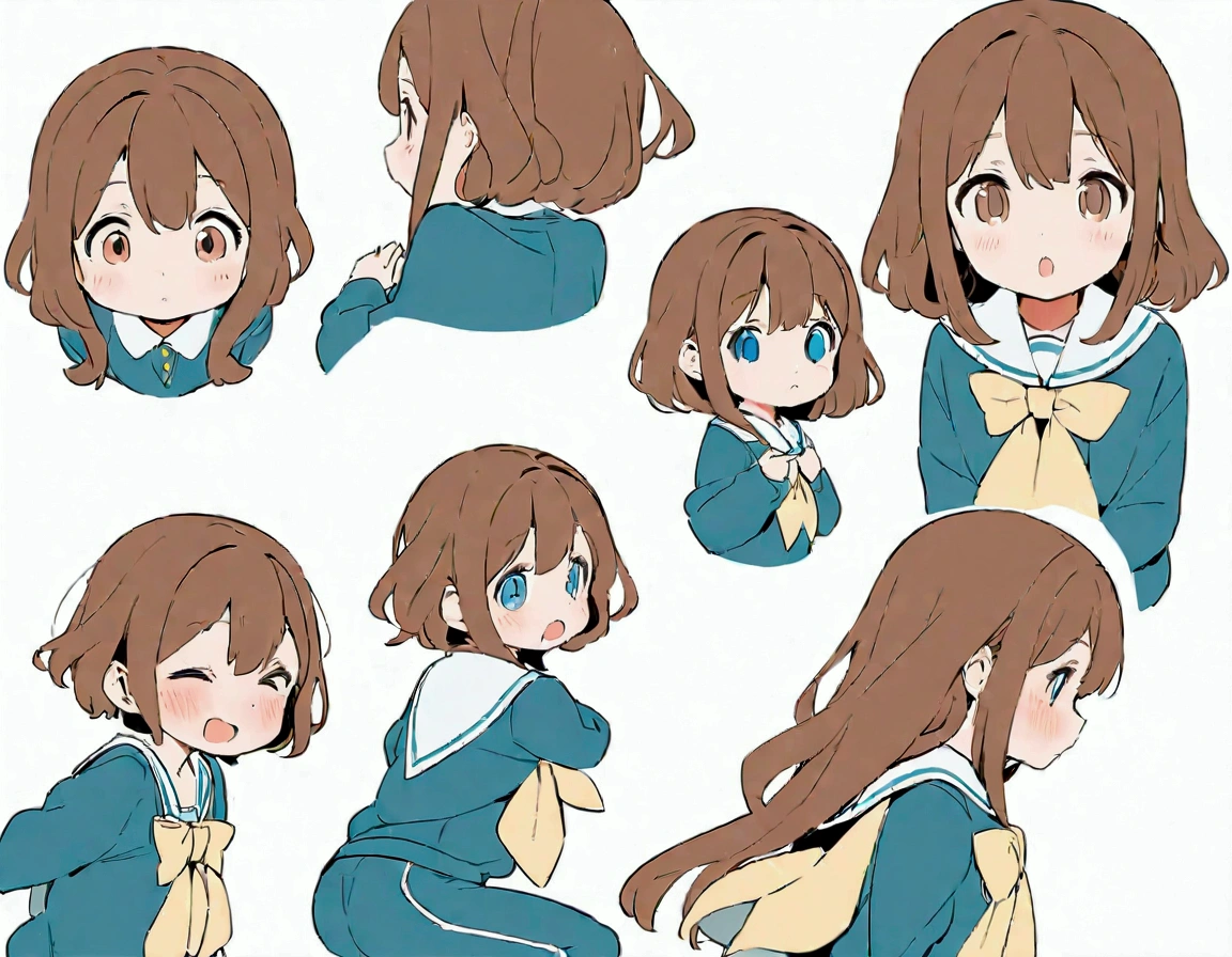 アニメ, celluoid,flat colors,clear lines.Azuki beans，whole body，明确展示front、side、back三视图，All views on one image。front，，Elementary school student image，Little girl slightly curly brown hair，Wearing a blue bow，big eyes，Blush on the cheeks，Wearing a white and blue sports jacket and blue sweatpants，The corners of the mouth slightly raised，Arms hanging naturally。side，The body stands upright，Tilt your head slightly forward，Arms hanging naturally，The curl shape of the hair is clearly visible。back，Arms hanging naturally，The details of the hair length and blue bow are clearly visible，运动外套和裤子的back细节清晰展示。Make sure each view is clear and，White background。masterpiece, best quality