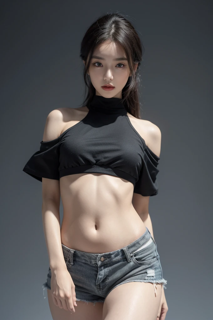 best quality, masterpiece, high resolution, 8k, (reality적인: 1.4), Ultra high resolution, 1 girl, very detailed, 초reality적인, very detailed CG 일러스트레이션, official art, Cinematic Light, reality, Young and beautiful girl, perfect looks, perfect looks, See all, perfect body, (Get started below: 1.3), mask, pose, sexy long legs, trust, Beautiful sexy, Grey short sleeves, abdominal opening, Black super shorts, S-shaped body, Hips facing up, assumption, pose를 취하는 것, Diverse perspectives
