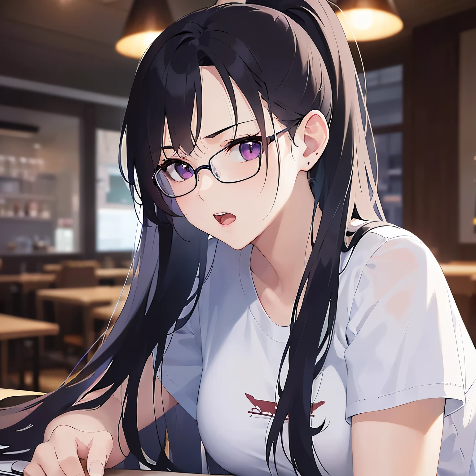 side angle, plastic frame eyewear、Upper Body, Realistic, real person, (pale skin: 1.2), RAW photo, photorealistic, shiny skin, shiny hair、(25 year old woman with bangs) and (ponytail) and (black hair) and (purple eyes) , (White T-shirt) 、open mouth, angry, The background is the interior of a restaurant at night.、Alone、Are standing