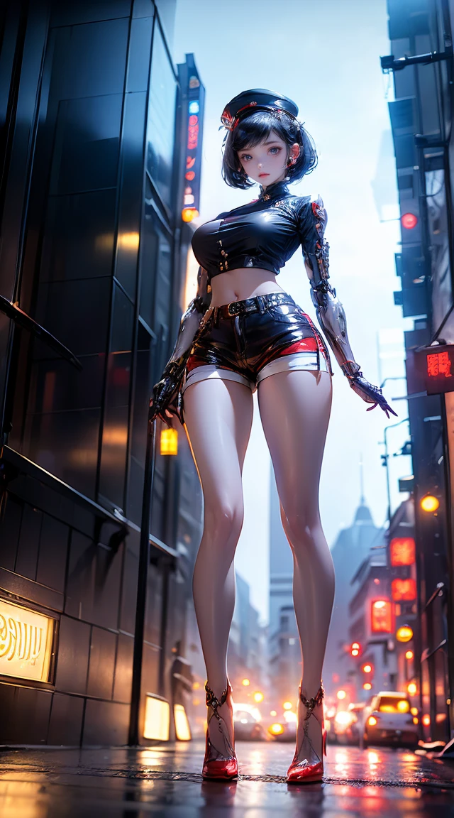 masterpiece,Best quality,high resolution, 1 big breasted girl,From below,(The legs are very thin and straight),,(Very long legs,Straight Legs),,High heel,Long Law,stand up, Leg length from the front, Perfect body,Have perfect legs,(Lure),Full body female love,Cyberpunk Characters,Dynamic poses,1 girl,Exquisite eyes,Brown eyes,Eyeshadow,make up,Long gray hair, Delicate face, Delicate eyes, Looking at the audience, Blush Blush\(make up\), Full lips, Red lips,(Long gray hair:1.3), (stand up)Mechanical static,Mechanical Summoning,(Hair accessories:1.1),hat,((((Red ,Short shorts)))),(black),City,Luminous winding,,Cyberpunk Lights:1.1),Neon,Full of mechanical and futuristic elements,technology,背景是中国传统street,China Town, street, sky sky, Cyberpunk Characters, paper lantern, Neon Super Resolution,(Reality:1.3),1(Slim:1.2),Dramatic Lighting,Vivid details,Luxury Cyberpunk,Complex background,Octane Rendering,