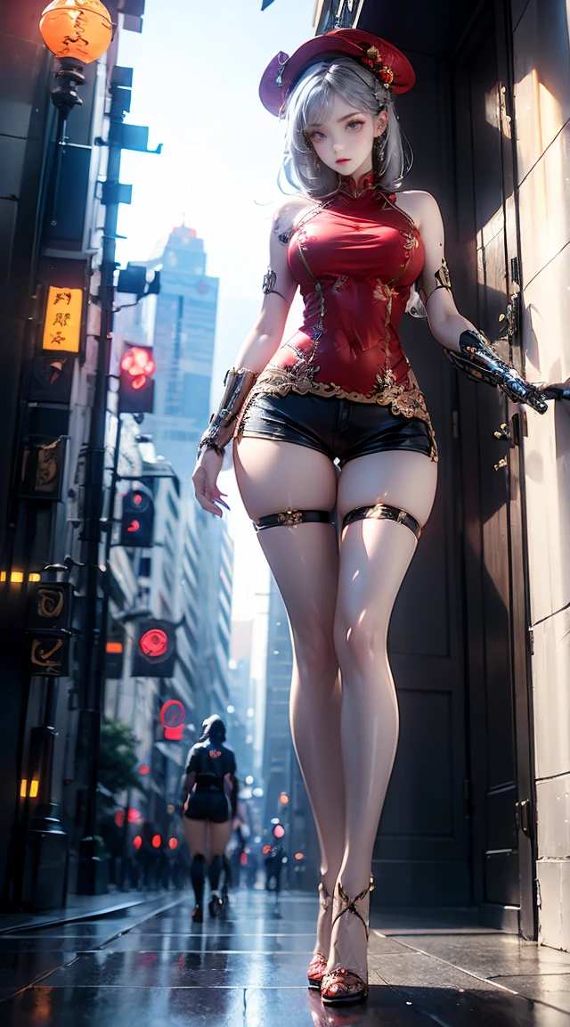 masterpiece,Best quality,high resolution, 1 big breasted girl,From below,(The legs are very thin and straight)，,(Very long legs，Straight Legs),,High heel,Long Law,stand up, Leg length from the front, Perfect body,Have perfect legs,(Lure)，Full body female love，Cyberpunk Characters，Dynamic poses，1 girl，Exquisite eyes，Brown eyes，Eyeshadow，make up，Long gray hair， Delicate face， Delicate eyes， Looking at the audience， Blush Blush\（make up\）， Full lips， Red lips，（Long gray hair：1.3）， （stand up）Mechanical static，Mechanical Summoning，(Hair accessories:1.1)，hat，((((Red ，Short shorts))))，(black)，City，Luminous winding，，Cyberpunk Lights:1.1)，Neon，Full of mechanical and futuristic elements，technology，背景是中国传统street，China Town， street， sky sky， Cyberpunk Characters， paper lantern， Neon Super Resolution，（Reality：1.3），1（Slim：1.2），Dramatic Lighting，Vivid details，Luxury Cyberpunk，Complex background，Octane Rendering，