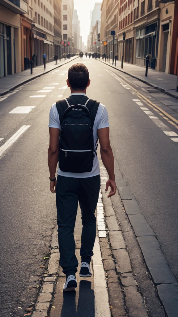 A man walking purposefully in one direction with his back turned