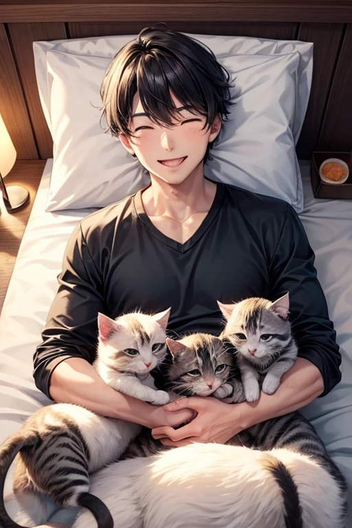 One man and three little kittens,Man surrounded by kittens,smile,Refreshing Men,とびっきりのやさしいsmile,Mouth wide open,猫もsmile