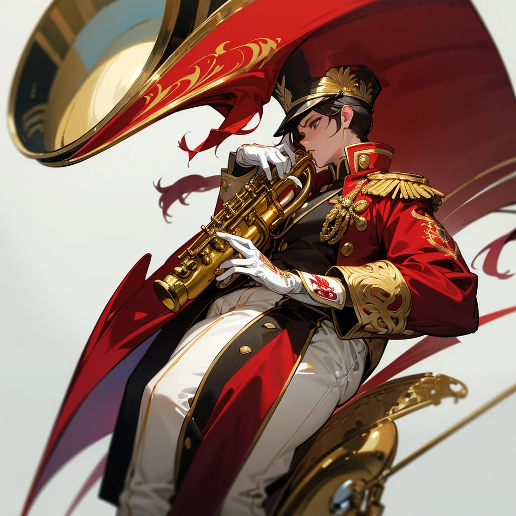 Puppy playing saxophone, master piece, ultra detailed, hyper realistic, lifelike photograph, marching band uniform featuring a bold crimson jacket with intricate gold embroidery, crisp white pants with sharp black stripes, a majestic plume-adorned shako, and gleaming white gloves, 