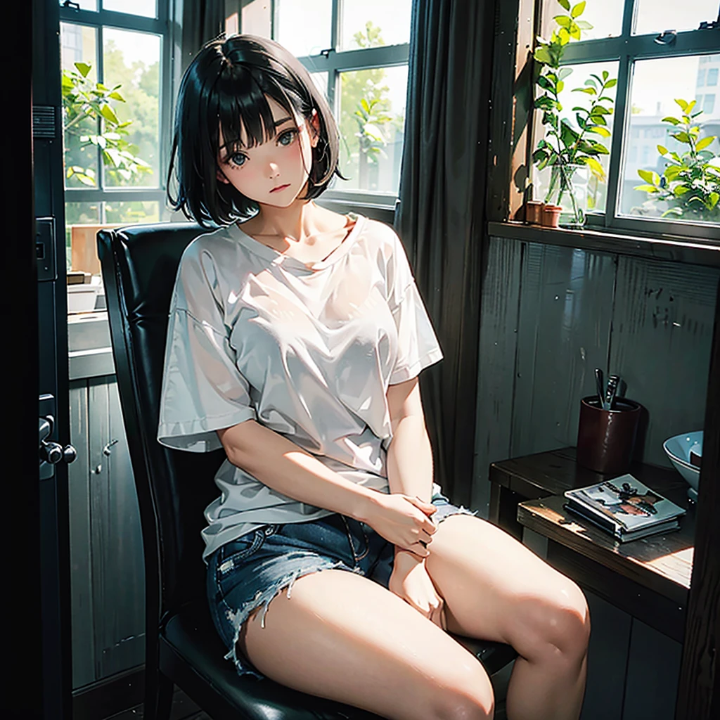 ( Highest quality, Ultra-high resolution)、girl、Black Hair、Bob Hair、melancholy、Staring out the window、A simple white T-shirt with a loose fit around the neck、Shorts、Near large windows、indoor、Sit sloppily、Outside the window it's bright, blue sky、The room is dark、Erect nipples are see-through、nsfw
