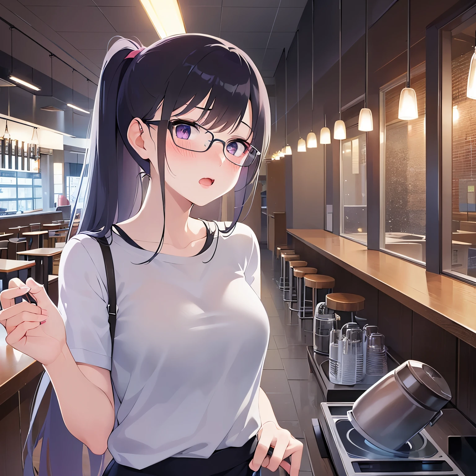 side angle, plastic frame eyewear、Upper Body, Realistic, real person, (pale skin: 1.2), RAW photo, photorealistic, shiny skin, shiny hair、(25 year old woman with bangs) and (ponytail) and (black hair) and (purple eyes) , (White T-shirt） 、open mouth, angry, (blush:1.5), The background is the interior of a restaurant at night.、Alone、Are standing