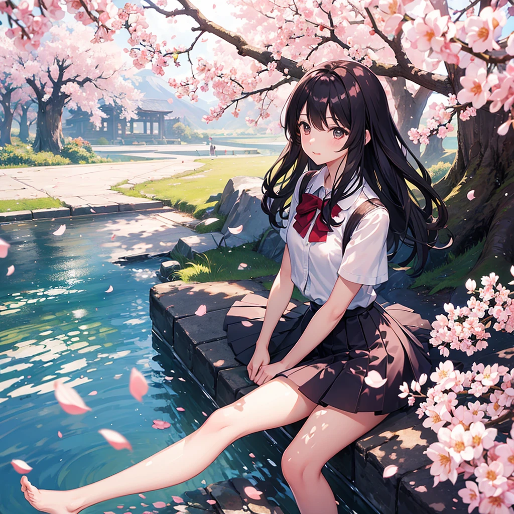 Under the cherry trees,Petals falling,Second dimension short skirt girl,Blur,High mountains in the distance
