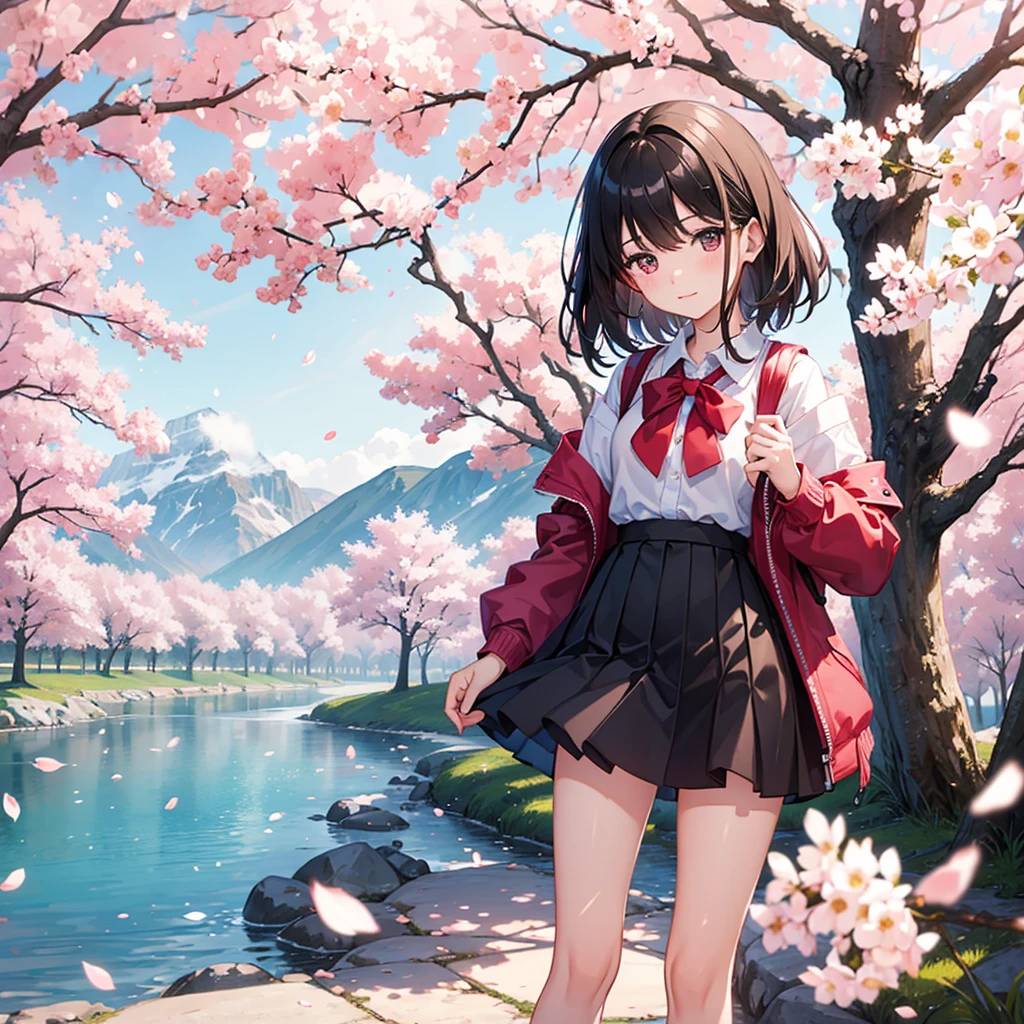 Under the cherry trees,Petals falling,Second dimension short skirt girl,Blur,High mountains in the distance