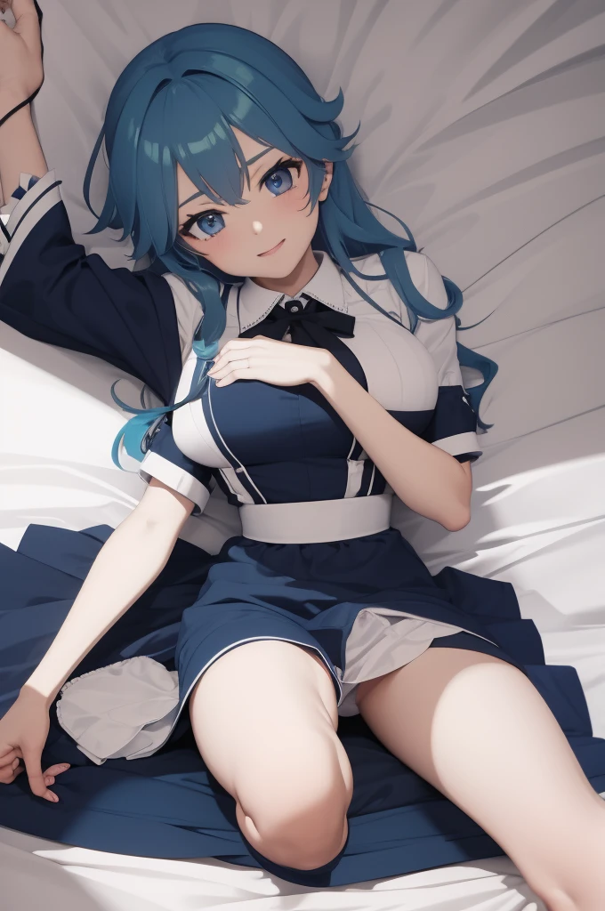 lie in bed,maid uniform,blue hair,face me,open legs