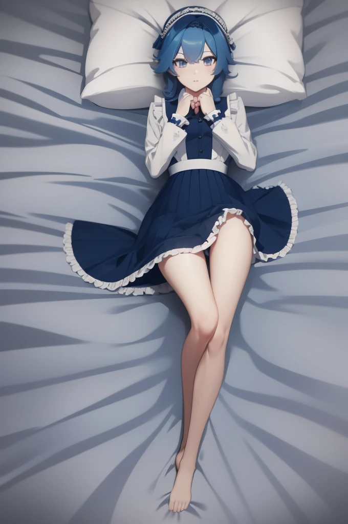 lie in bed,maid uniform,blue hair,face me,open legs