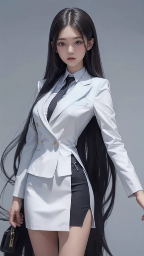 business woman, beautiful woman, Wear a suit and tie, short skirt suit, business suitwhite, กระโปรงดินสอสั้นwhite, business suitรัดรูป, All white outfit, Emphasize the curves of the body, (สาวสวยTwo meter long hair, my hair is very long., extra long hair, long black hair), business suit, (Italian style suit, two button suit), (Italian suit, white สูท, Set of two buttons), (wearing a women's suit, Business Women Suit, white), (สูทผู้หญิงwhite), (เสื้อเชิ้ตwhite), necktie, (necktieสั้นสีดำ, necktieสีดำ, necktieผอม, ถักnecktie), (military rank insignia), (Short pencil skirtwhite), (Dynamic posts), full body, (A gigantic rift), (big breasts, thin body, small waist, hips raised, small thighs, Long legs), high-heelsสีดำ, (Short pencil skirt, white), Wearing a suit for a business woman, (Wearing a white businesสูท, business suitหญิงwhite), (tight, military regalia, เสื้อwhite, กระโปรงwhite), Long legs, (black shoes), (Two gold สูท buttons, Two meter long hair, Form fitting suit, เสื้อสูทwhiteทรงธรรมดารัดรูป), (black shoes, high-heels), (stand, walk, elegant gesture, Dynamic posts), short dress, earring, garden, Modeling, ภาพfull body, เหมือนfull body