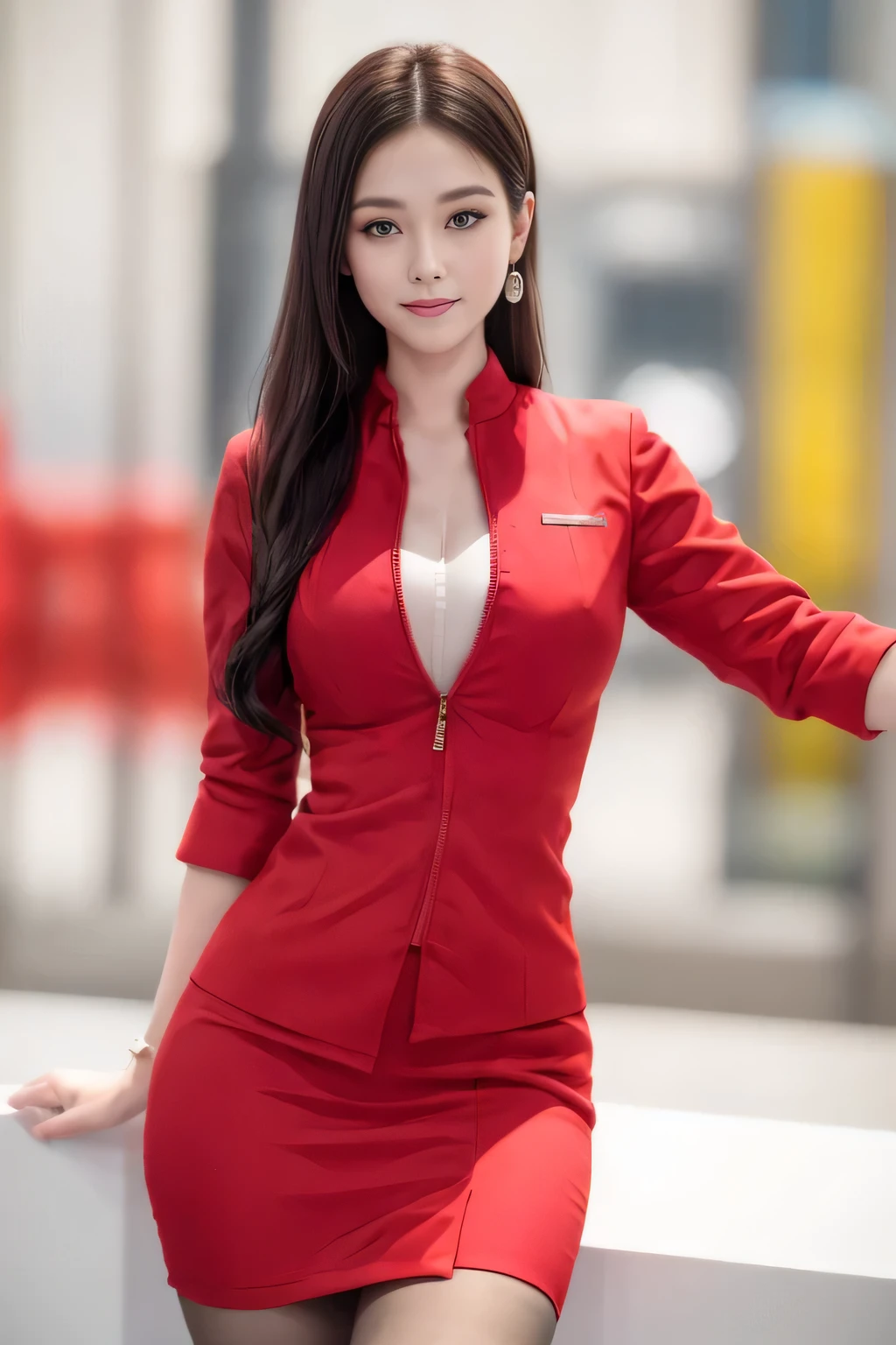 (masterpiece:1.2, Highest quality:1.2), 32k HDR, High resolution, (alone, 1 Girl), （AirAsia stewardess uniform realistic style）, A proper woman, Beautiful Face, Brown Hair, (Long hair down to the legs), (Red jacket:1.1, Unzipped jacket, Unbuttoned white shirt:1.05, Red mini skirt:1.1, pantyhose),（Showing big  through cleavage in unbuttoned white shirt）、（long hair that reaches down to the legs）、Perfect slim body:1.1, Huge breasts, huge breasts cleavage, Detailed skin texture, Beautiful Eyes, (Attractive look:1.2), necklace、Earrings、(forward leaning posture:1.5）, On the roof of a building, Rooftop at daytime,blue eyes、Hands should be lowered