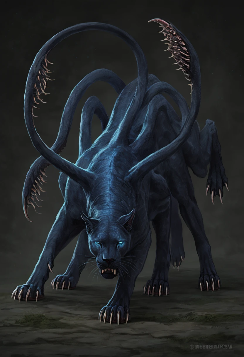 DISPLACER BEAST, feral, solo, FELINE BODY, HORROR, ((six legs, six paws)), detailed feline face, one more paw,  DISPLACER beast looks like a large cat, covered with smooth blue-black fur. Its alien origins are obvious from the six legs and two tentacles that grow from its shoulders, ending in pads with sharp spines. The beast's eyes glow with a terrifying malice that persists even after its death.
