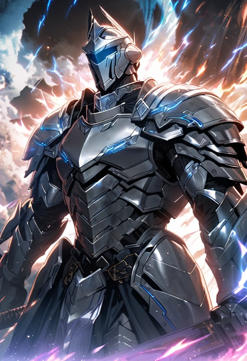 male, roman knight, silver arrmor, heaven, aura, cool, sword, magnificent,