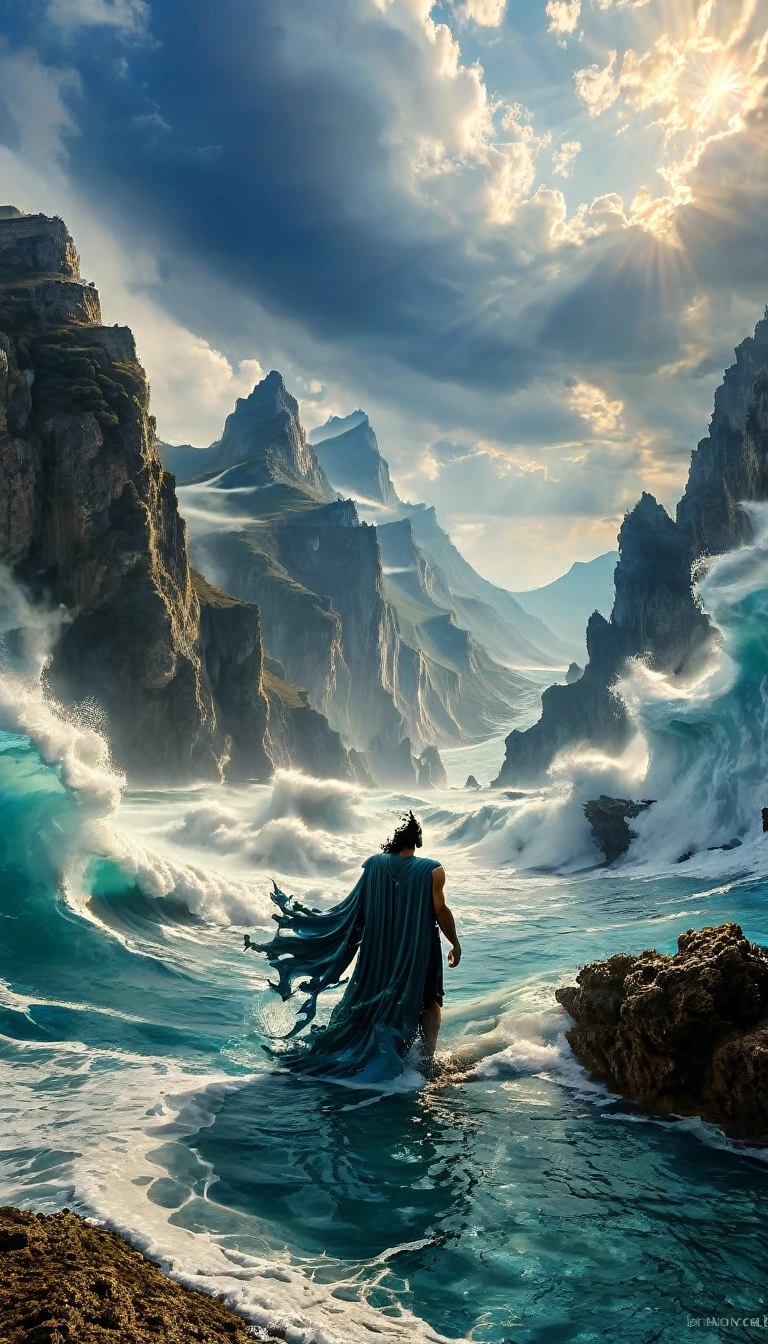 Hades, Poseidon, negotiating, daytime, solemn, mountains, sky, ocean, underworld