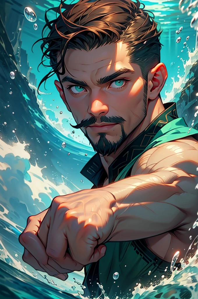 Portrait drawing, show the full head. Underwater man with short cut brown hair pulled back, green eyes and a hooked nose. He looks relaxed, his eyebrows are straight. He has a short mustache and goatee. He is wielding waterbending magic. The suroundings is dark blue sea waters, bubbles.