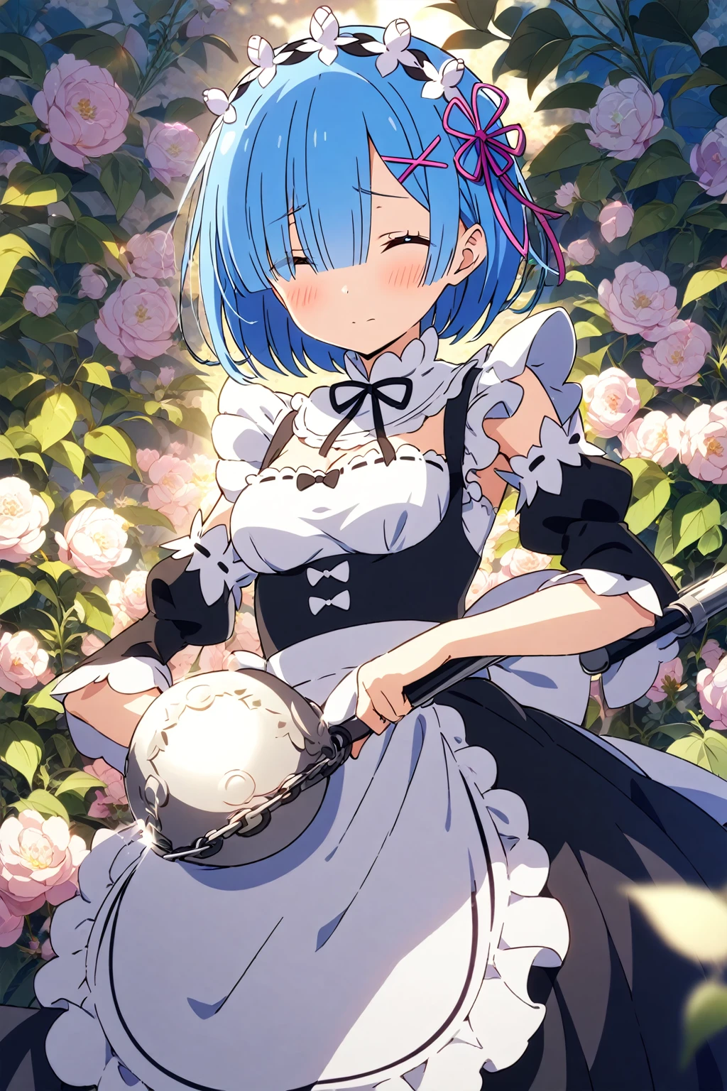 1girl, Rem Re:Zero, Re, holding flail, blue hair, maid outfit, shy expression, floral background, highly detailed, best quality, anime style, soft lighting, simple and elegant composition focusing on Rem with a floral background