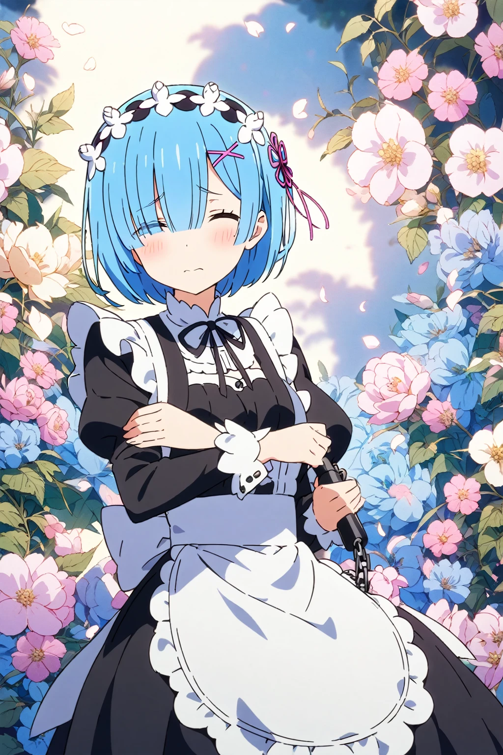 1girl, Rem Re:Zero, Re, holding flail, blue hair, maid outfit, shy expression, floral background, highly detailed, best quality, anime style, soft lighting, simple and elegant composition focusing on Rem with a floral background