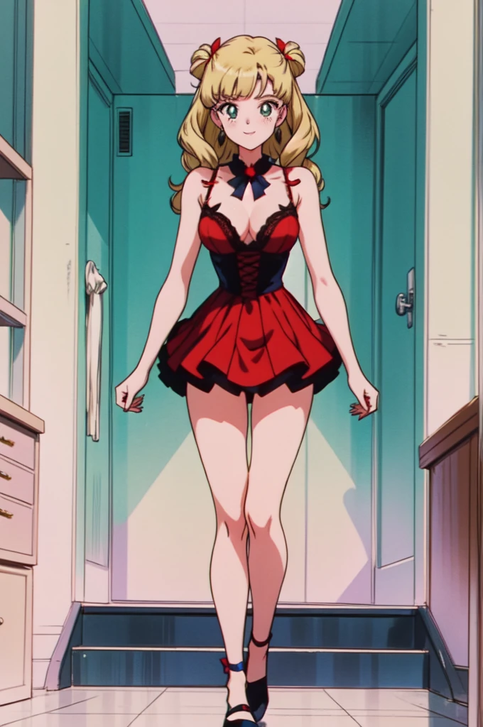 (masterpiece, best quality, beautiful and aesthetic:1.3), 1girl, light smile, solo, EPTakeuchiNaokoStyle, beautiful face, beautiful eyes, 1990s \(style\), anime screencap, retro artstyle, anime coloring, traditional media,red ribbon,blunt bangs,green eyes,ringlets, twin drills,blonde hair.lace, large breasts,princess,{{{shaded face,seductive smile}}},full body,red dress