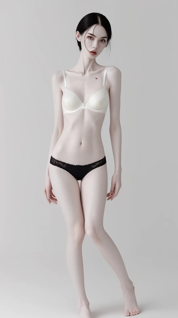 a very thin woman with visible bones, pale white skin, sweaty body,wearing panties and bra, full body view, tatto