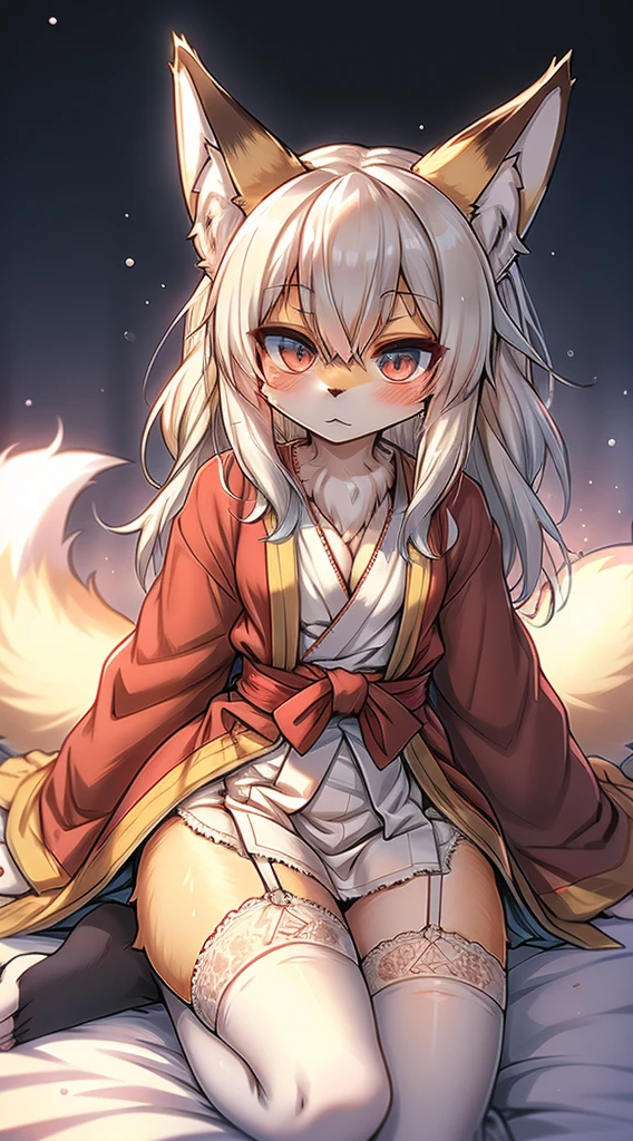 High and cold，Three No，No Expression，cold，cold，Loli，Loli，，White hair，No Expression，indifferent女孩，indifferent狐狸女孩，indifferent，White hair，Fox ears，White hair all over the body，Anthropomorphic fox girl，White fox girl，白色丝绸Knee socks，Knee socks，Garter stockings，Short robe，Back of robe，Back of robe，Mage Robe，Lace decoration，Lace decoration的袍子和Knee socks，蕾丝Knee socks，白丝Knee socks，Close-up above the waist，Close-up above the waist，No Expression，furry，furry，fuzzy，fuzzy，furry