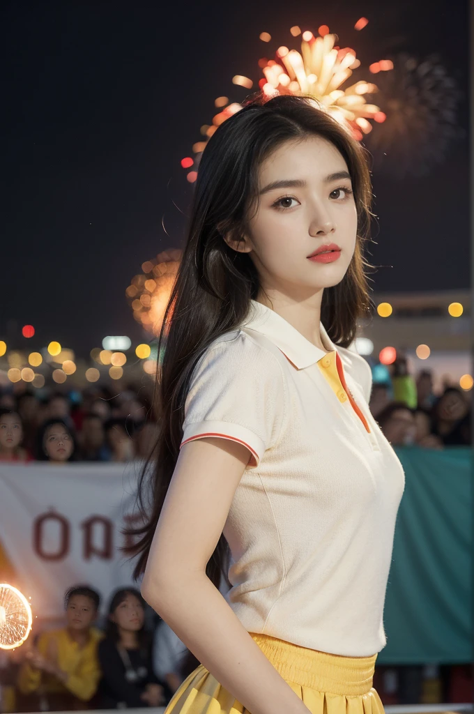 (((best quality))),(((ultra detailed))),(((masterpiece))),illustration, ((Olympic Opening Ceremony,in Paris,summer night,magnificent National stadium of France,Olympic torch lighting, fireworks)),(crowded crowds of enthusiastic spectators:1.3),((a beautiful Chinese girl,solo)),((shoulder length straight hair:1.2)),((slim,thin)),((small breasts,flat chest)),(short-sleeved collared red polo shirt:1.3),(yellow skirt), excited expression, awe, celebrating, electric atmosphere, sense of pride, excitement, playing field, crowd energy, unity, camaraderie, representing China, historic event, memorable moment,((from front,upper body))