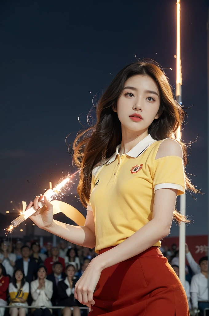 (((best quality))),(((ultra detailed))),(((masterpiece))),illustration, ((Olympic Opening Ceremony,in Paris,summer night,magnificent National stadium of France,Olympic torch lighting, fireworks)),(crowded crowds of enthusiastic spectators:1.3),((a beautiful Chinese girl,solo)),((shoulder length straight hair:1.2)),((slim,thin)),((small breasts,flat chest)),(short-sleeved collared red polo shirt:1.3),(yellow skirt), excited expression, awe, celebrating, electric atmosphere, sense of pride, excitement, playing field, crowd energy, unity, camaraderie, representing China, historic event, memorable moment,((from front,upper body))