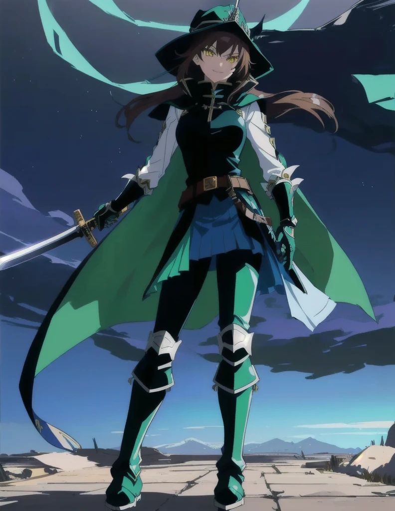 anime girl with a sword and a cape standing in the moonlight, rogue anime girl, an edgy  assassin, villainess, she is holding a sword, blue clothes, light green armor boots, brown belt, blue armor, armor hat, yellow eyes, evil smile