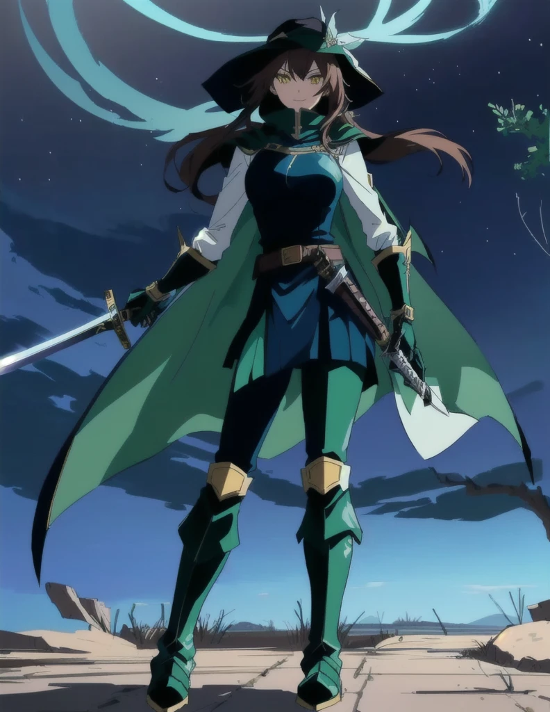 anime girl with a sword and a cape standing in the moonlight, rogue anime girl, an edgy teen assassin, villainess, she is holding a sword, blue clothes, light green armor boots, brown belt, blue armor, armor hat, yellow eyes, evil smile