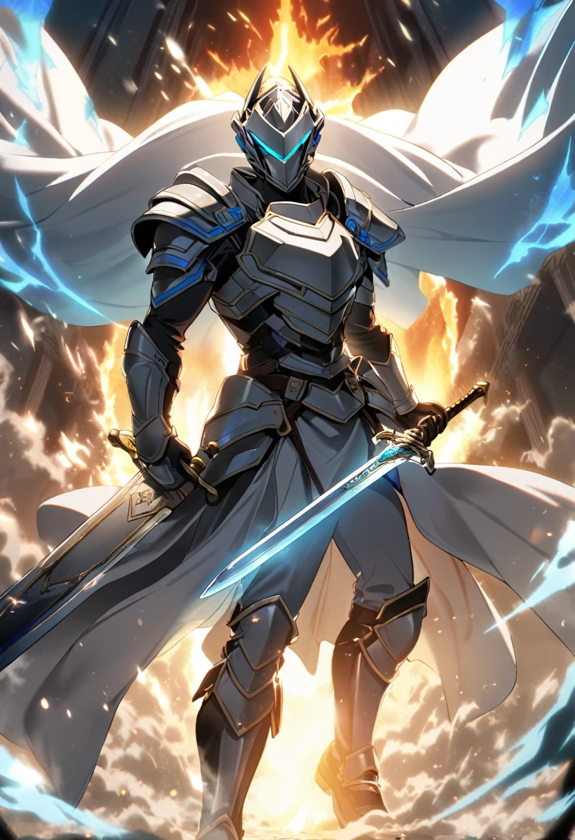 1 male, roman knight, silver arrmor, heaven, aura, cool, sword, magnificent,