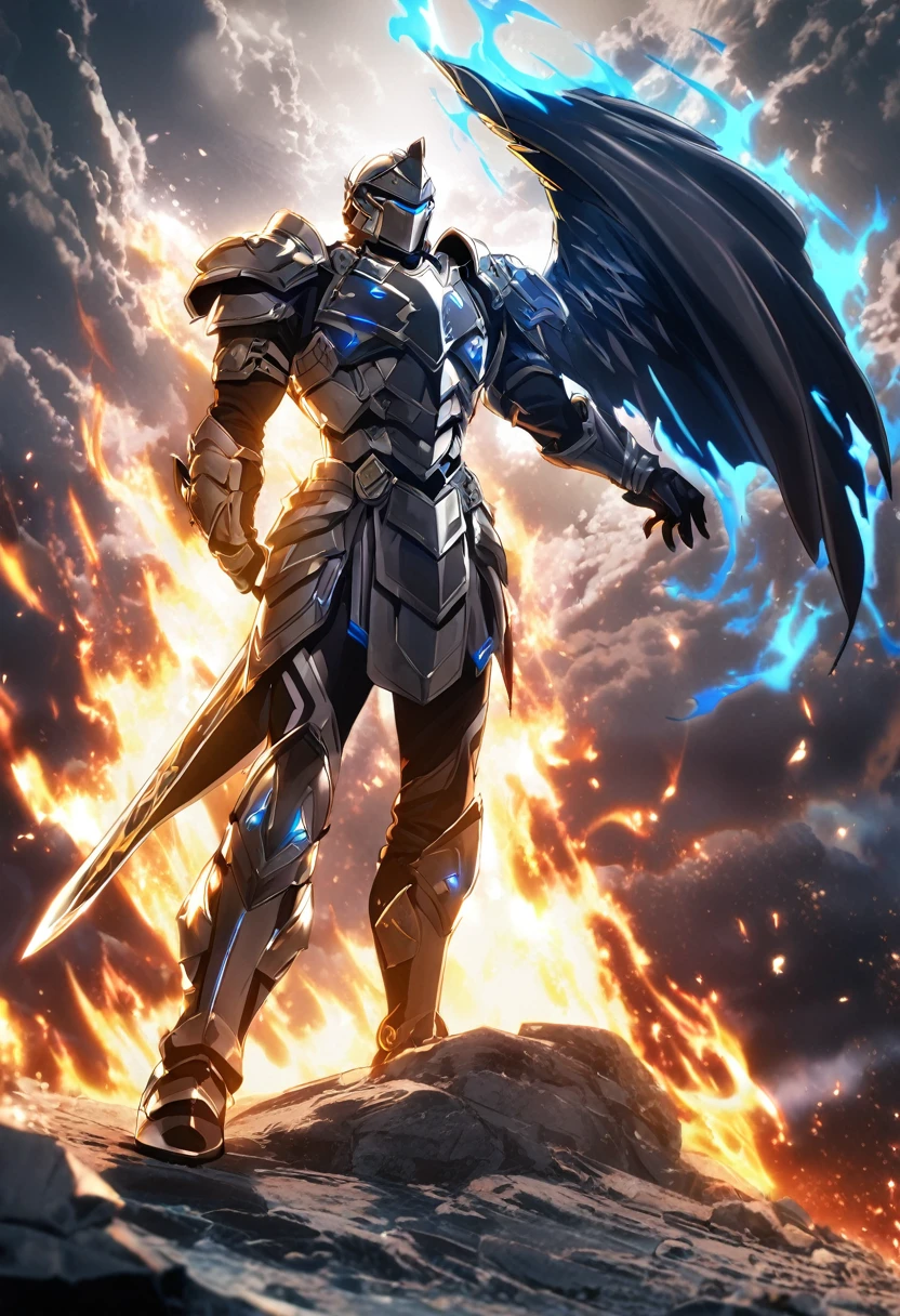 1 male, roman knight, silver arrmor, heaven, aura, cool, sword, magnificent,
