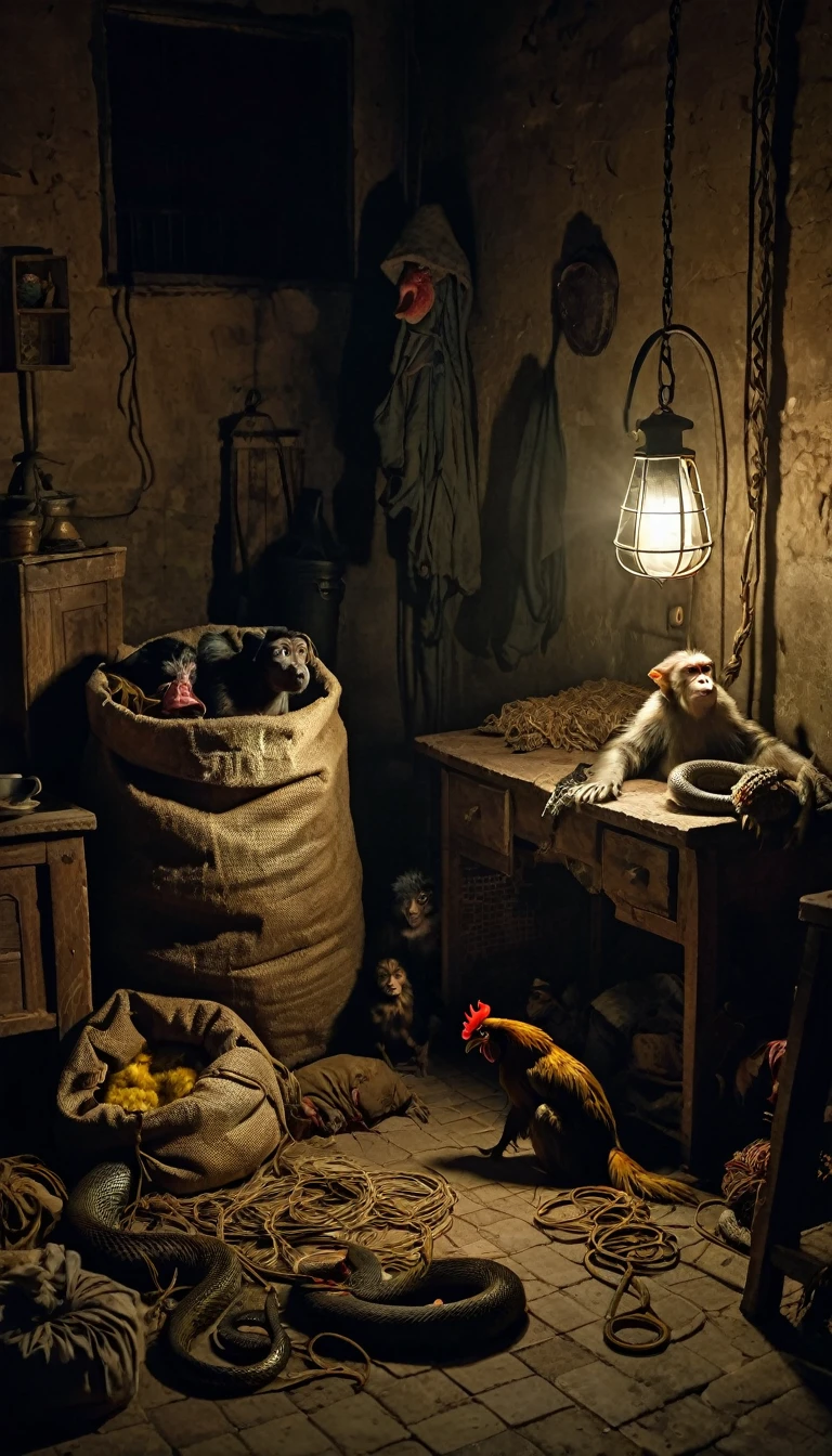 Image is a tense scene where the condemned is being sewn into the sack with a rooster, a dog, a monkey, and a snake. The sack is partially open, showing the chaotic mix of animals inside. The setting is a dimly lit room. The lighting is dark, emphasizing the dread of the situation.