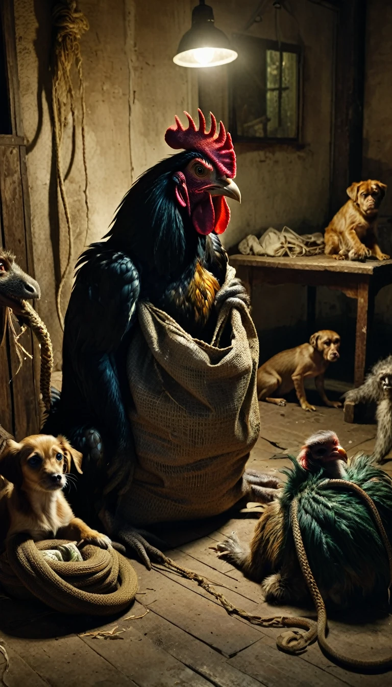 Image is a tense scene where the condemned is being sewn into the sack with a rooster, a dog, a monkey, and a snake. The sack is partially open, showing the chaotic mix of animals inside. The setting is a dimly lit room. The lighting is dark, emphasizing the dread of the situation.

