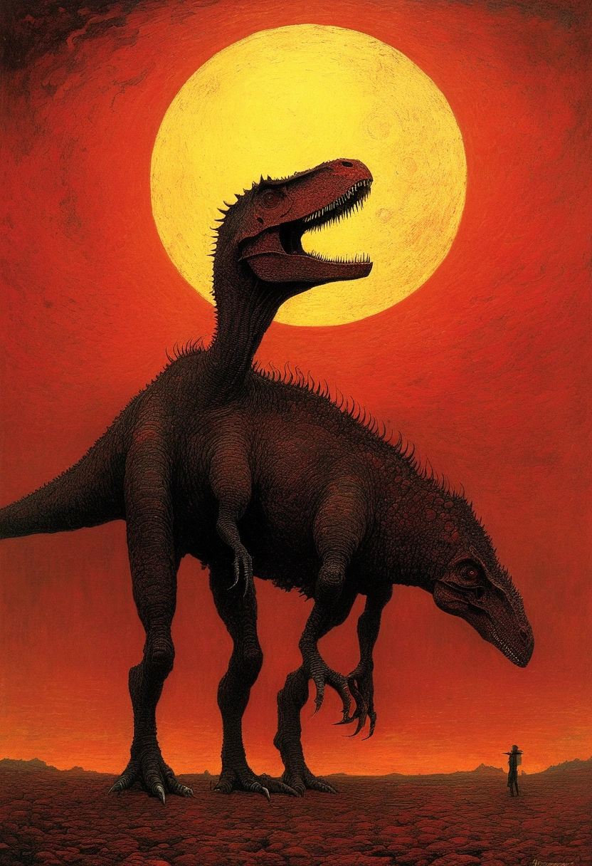 Dinosaur man, author:Zsław Beksinski and Vincent Van Gogh, Red Moon