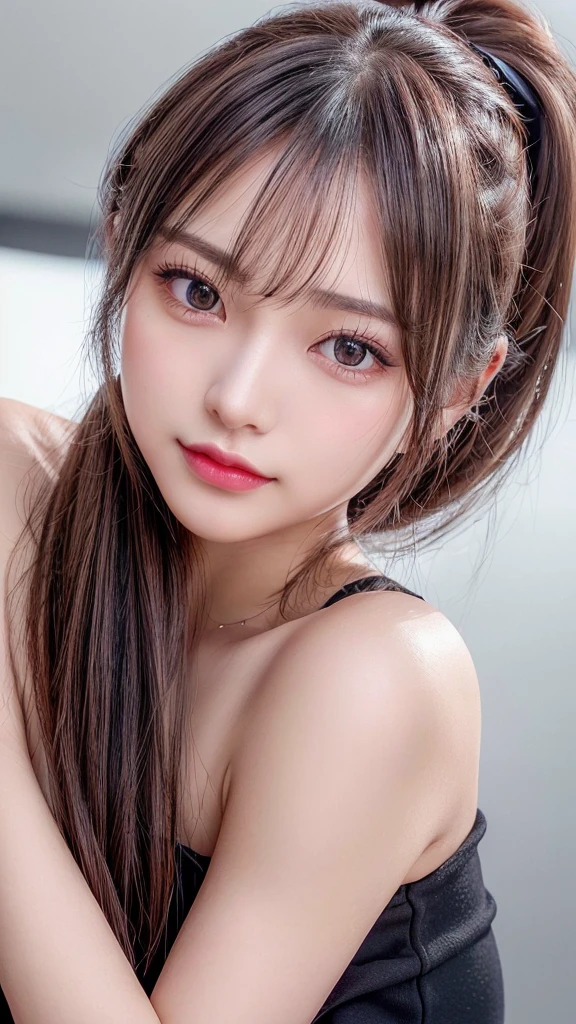 Lipstick in hand,Cosmetics commercial style,Commercial filming studio,close up face,Black Dresses,Ultra-detailed, finely detail, hight resolution, 8K Wallpaper, Perfect dynamic composition, Beautiful detailed eyes,,Close-up of face,,Blushing,Facing forward,Long hair ponytail,((8k, Raw photo, Best Quality, Mastepiece:1.2), (Realism, Photorealistic:1.4), (Highly detailed 8K wallpapers), Depth of written boundary, Cinematic Lighting, Soft Light, Detailed Beauty Eye,Shiny and smooth light brown ponytail, Asymmetrical bangs, Shiny skin, Ultra-detailed skins ,It is high resolution., High detail, Detailed hairstyle, Detailed facial beauty, Hyper-realistic, Perfect limbs, Perfect Anatomy ,1 Japanese girl,Famous Japanese Idols, Perfect female body,A shy smile,Short eyelashes,Double-edged eyelids,Look straight here,Hair style: ponytail,