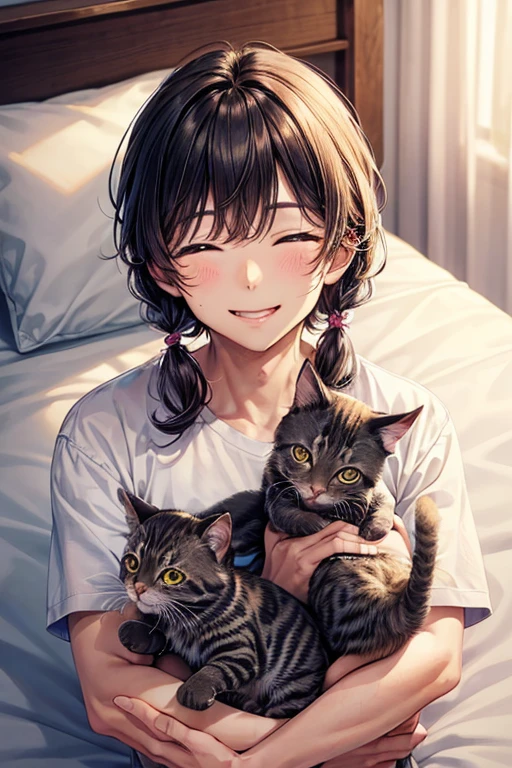 One man and three little kittens,Man surrounded by kittens,smile,Refreshing Men,とびっきりのやさしいsmile,Mouth wide open,猫もsmile,On the bed