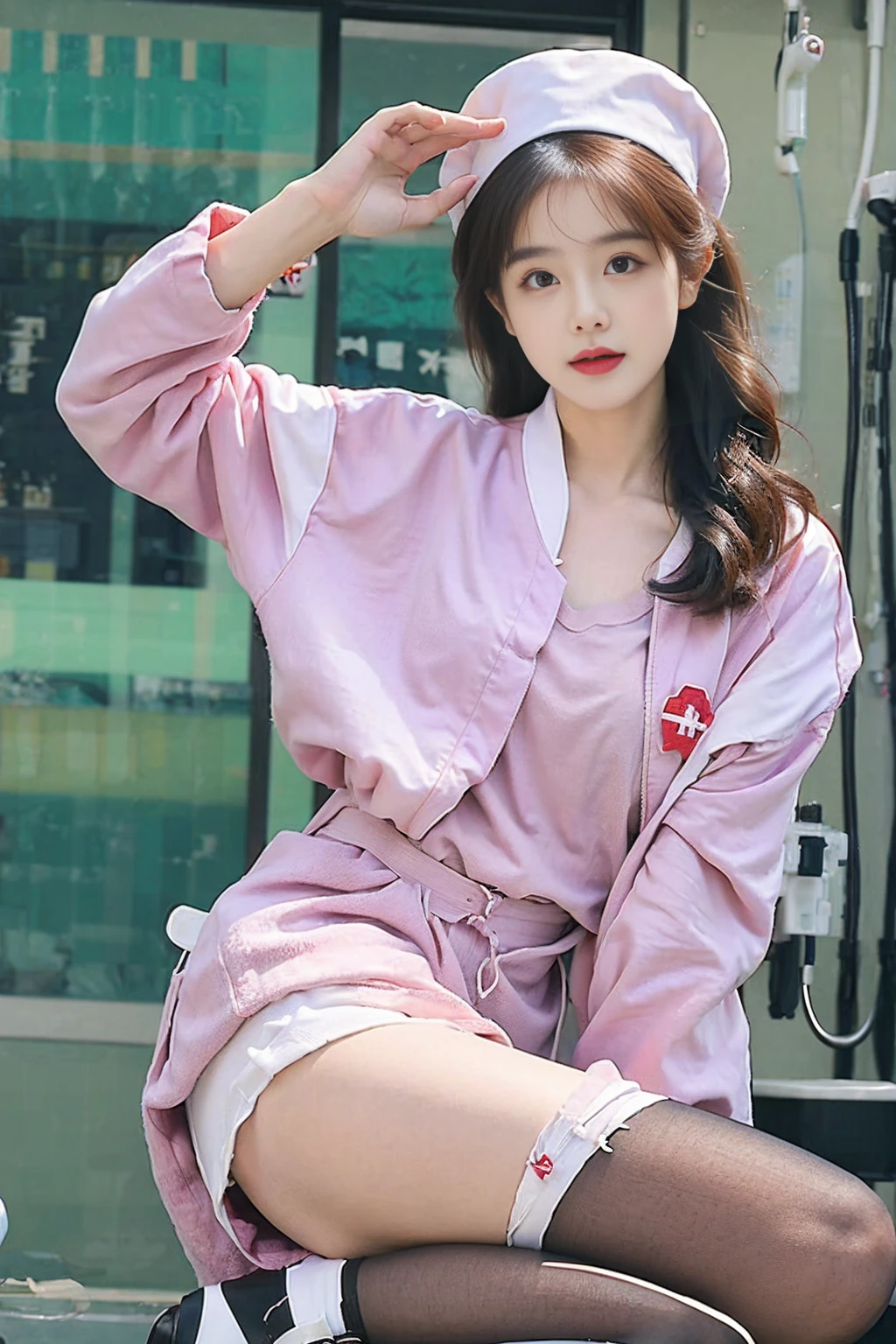 Nurse,Nurse服,Hospital,cute,,beauty,sexly, Long white stockings,,whole body,Butt-up, Touch your ass with your hand and pout at the camera.