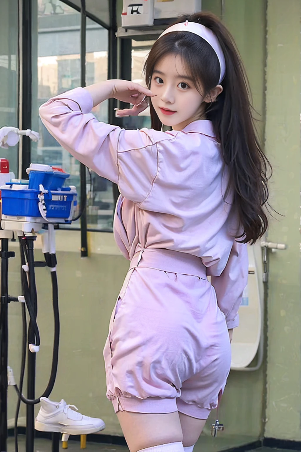 Nurse,Nurse服,Hospital,cute,,beauty,sexly, Long white stockings,,whole body,Butt-up, Touch your ass with your hand and pout at the camera.