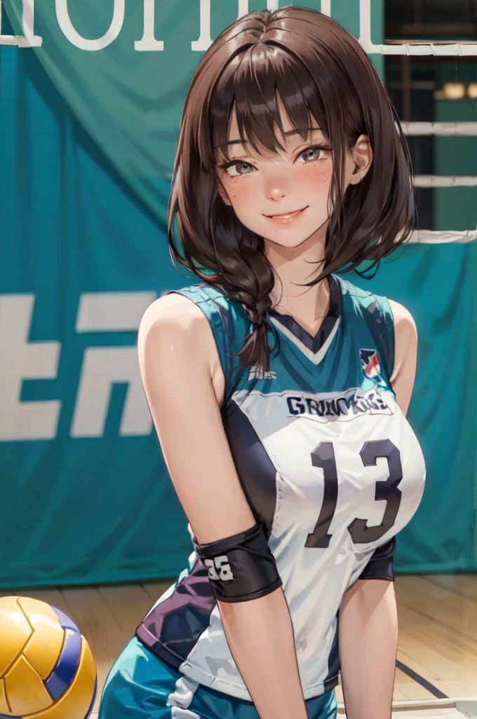 Only one female, /(Volleyball Uniforms/), /(Dark brown hair/) bangs, Blushing Smile, (Masterpiece Top quality:1.2) Delicate illustrations, super detailed, Big Break /(Indoor volleyball court/)