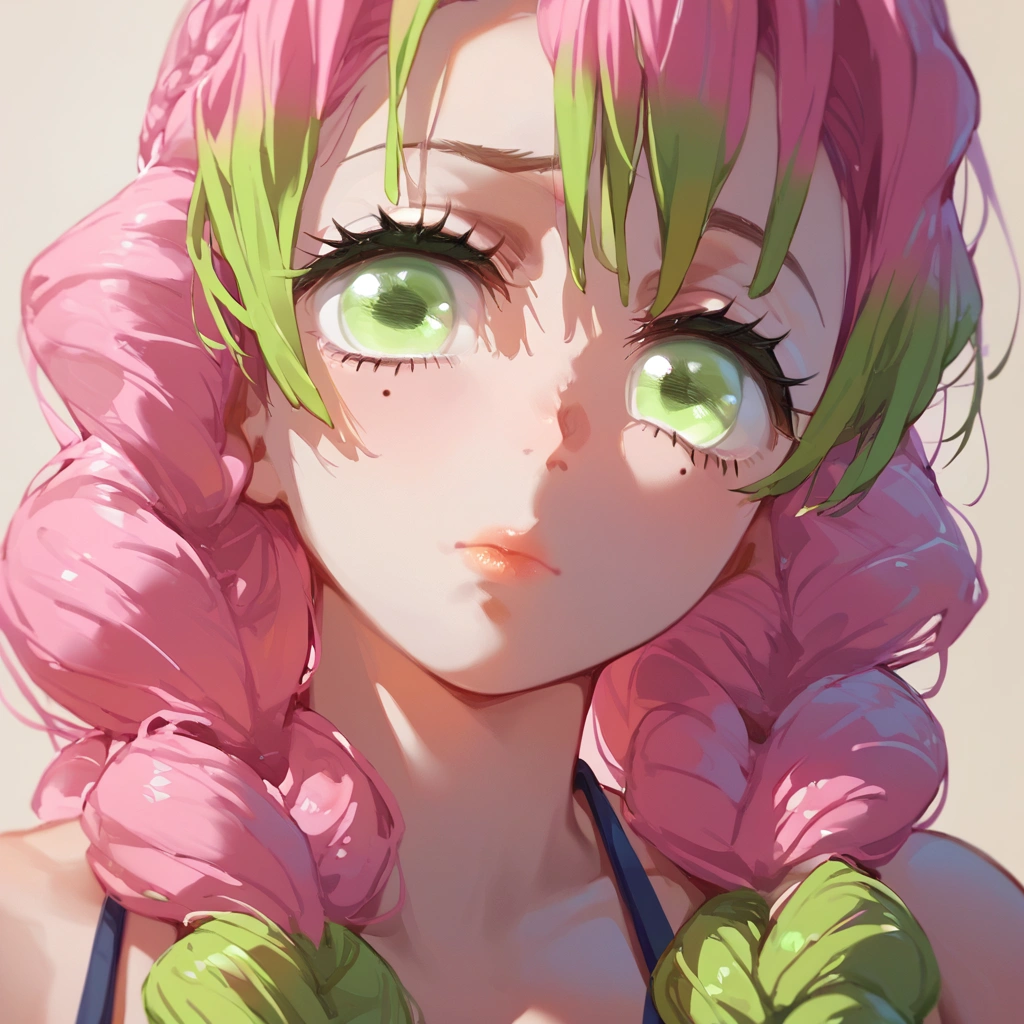 score_9, score_8_up, score_7_up, score_6_up,ChopioMitsuri, long hair, pink hair, green hair, twin braids, multicolored hair, green eyes, eyelashes, mole under eye, looking at viewer, large breasts, bikini, lime bikini, close-up