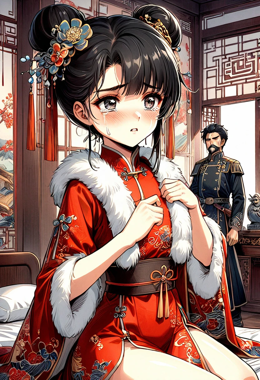 Perverted and lewd historical drama manga style　A 15-year-old super beautiful Chinese girl with black hair in a bun cut(1 person)　She is wearing a royal long-sleeved Chinese dress　She fights on the bed with the perverted old emperor　She cries　