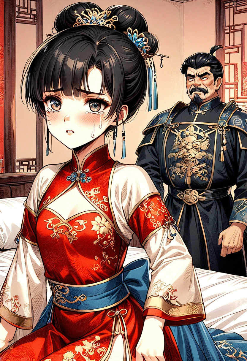 Period drama manga style　A -yeld su beautiful Chinese girl with black hair in a bun cut(1 person)　She is wearing a royal long-sleeved Chinese dress　She is forced to be held by the perverted old emperor while facing each other and cries.　She exposes her nipples and wrestles with a man while he inserts his penis into her pussy and starts having sex　She wraps her legs around the man